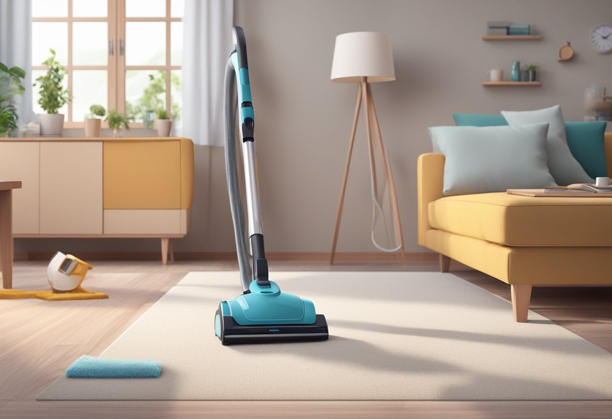 A vacuum cleaner runs across a carpeted floor in a tidy living room. A mop glides over the kitchen tiles, while a duster wipes down the furniture in the bedroom