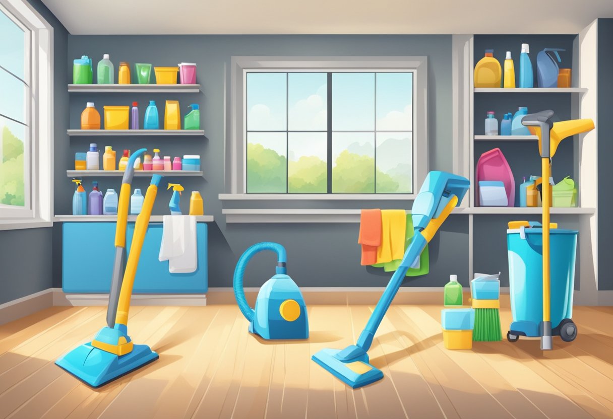 Cleaning supplies neatly organized, vacuum marks on carpet, sparkling windows, and spotless surfaces in an empty room