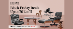 Sohnne Black Friday furniture sale banner featuring iconic mid-century modern furniture. Discounts up to 70% off with code BFCM.